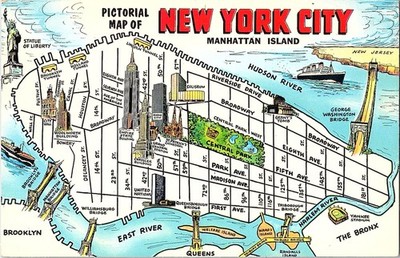 Pictorial Map of New York City Manhattan with Key Landmarks & Streets Postcard
