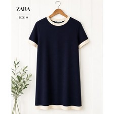 ZARA Navy Knit Above Knee Dress Contrast Trim Short Sleeve Shift Womens M