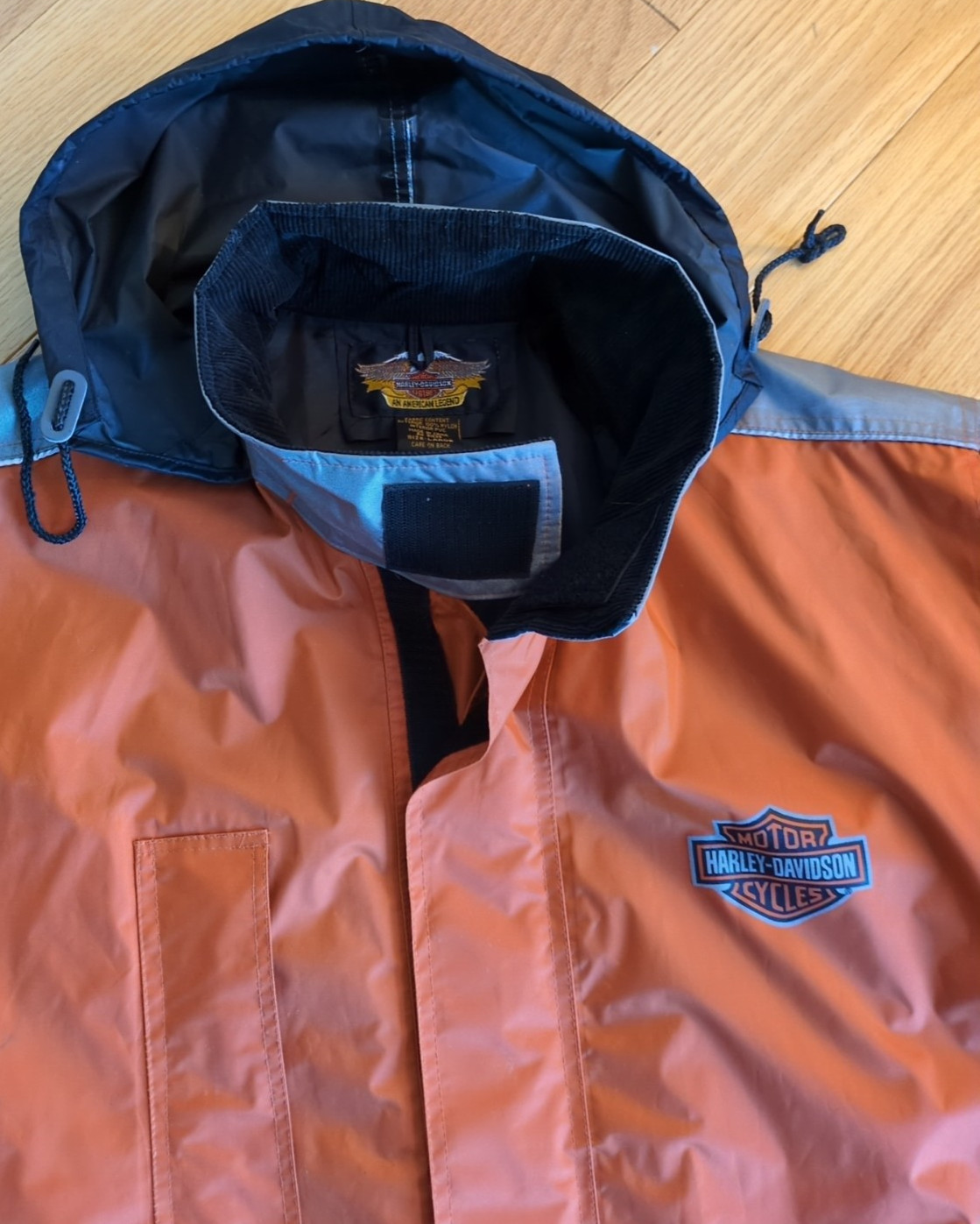 Harley Davidson Rain Suit Mens L Jacket Pants Reinforced Black Orange High Vis