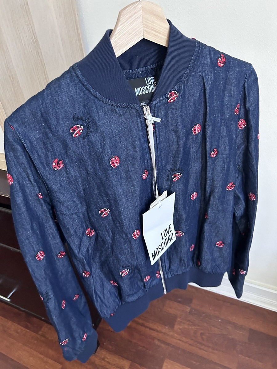 NWT LOVE MOSCHINO Embroidered Ladybug Denim Baseball Bomber