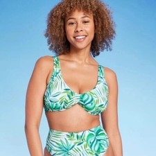 Shade Shore Women's Size 34D Underwire Bralette Bikini Top Green Leaf Print