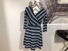 Mi A Mi Striped 3/4 Sleeve Lined Faux Wrap Knee Length Dress M