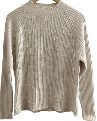 Jaclyn Smith Womens Mock Neck Sweater Silk Angora Cream/Oatmeal Sequins Ribbed L