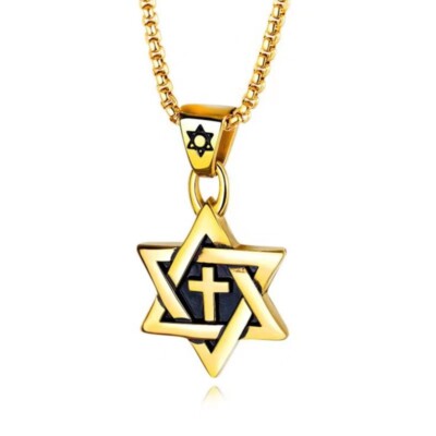Men's Gold Jewish Star of David Cross Pendant Necklace Stainless Steel Chain 24''