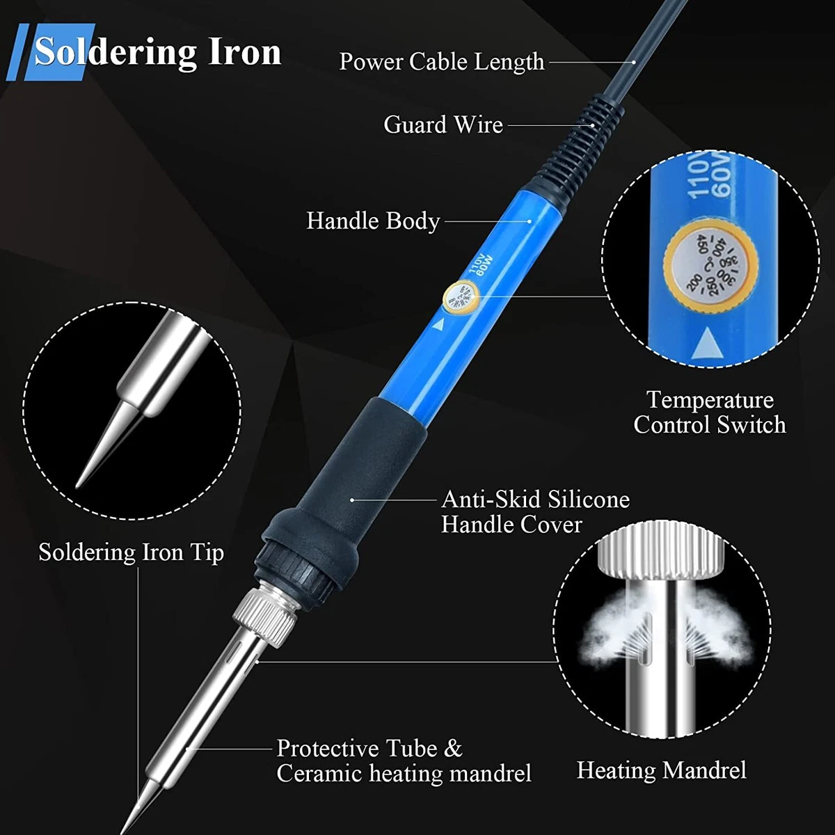 Soldering Iron Kit 60W Welding Tool Station Tip Cleaner Tweezers Flux Solder Set