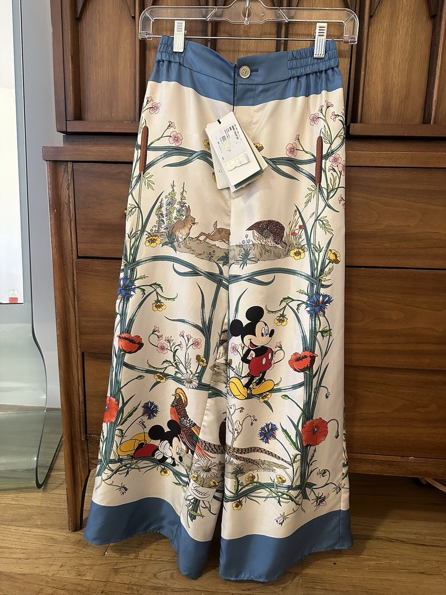パンツ Gucci Twill Trousers With Flora Print GUCCI PANTS SILK TWILL DISNEY FLORA PRINT WIDE LEG TROUSERS