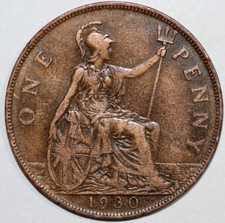Great Britain 1930 Penny  Britania seated, King George V-   Foreign Coin  31mm