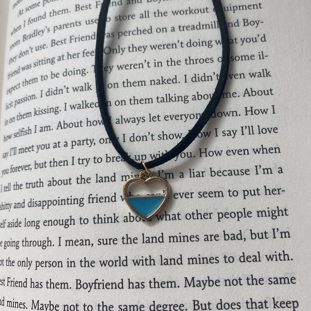 Blue Half Heart Love Charm Choker, Black Faux Suede, Enamel