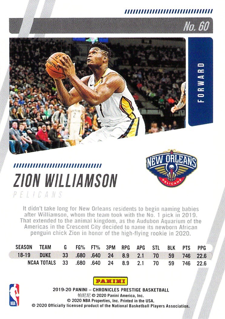 Zion Williamson RC 2019-20 Chronicles PRESTIGE Rookie Card #60