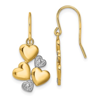 Lex & Lu 14k Yellow Gold w/Rhodium Polished Hearts Shepherd Hook Earrings