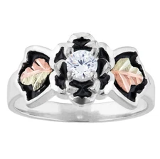 Mt. Rushmore Black Hills Gold Round CZ Antiqued Flower Ring .925 Sterling Silver