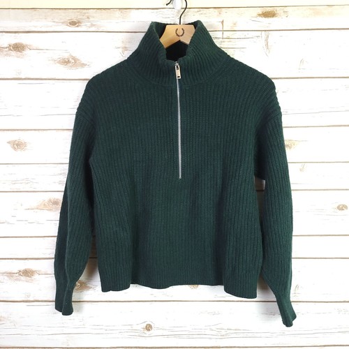Everlane Half Zip Sweater Women Medium Dark Green Pullover Wool Chunky Ribbed