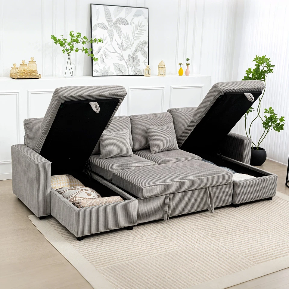 HOMCOM Divano Letto con 2 Chaise Longue Contenitore in Velluto a Coste Grigio - Immagine 3 di 4