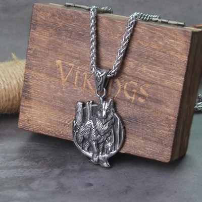 Stainless Steel Nordic Vikings Forest Wolf Necklace Animal Pendant Men's Jewelry
