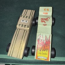 Vtg Pinewood Derby Carved Wood Race Cars Lot 2 Handcrafted Racers Stinger Decals