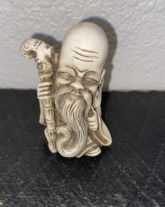 VTG Netsuke Japanese Stag Carving Of Bald Man With Beard &Staff Luck 2.5”