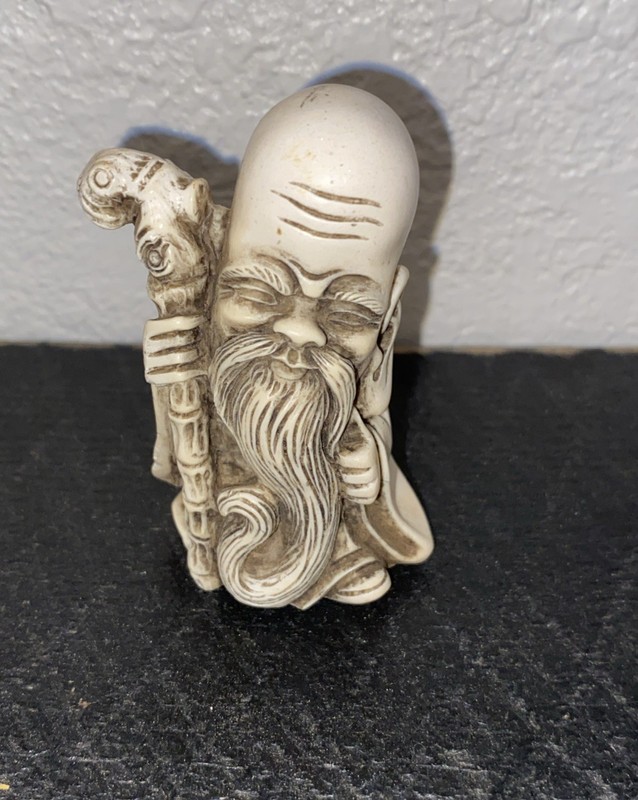 VTG Netsuke Japanese Stag Carving Of Bald Man With Beard &Staff Luck 2.5”
