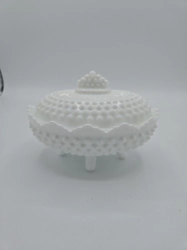 Vintage Fenton White Milk Glass Hobnail Oval Footed Covered Candy Dish with Lid