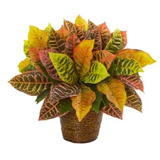 Nearly Natural 17in. Garden Croton Artificial Plant in Basket (Real Touch)