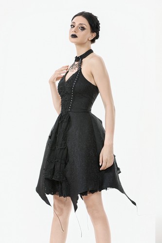 Dark In Love Women Black Gothic Rhinestone Tassel Halter Sleeveless Short Dress - Picture 3 of 23