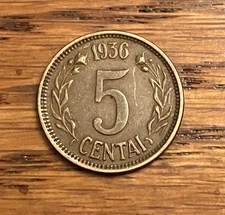 Vintage 1936 Lithuania 5 Centai, Obsolete Pre-Euro Bronze Coin