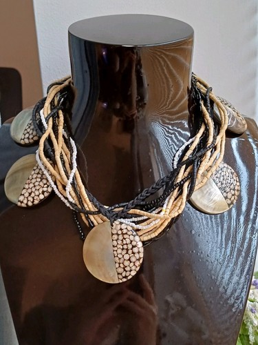 Statement Ethnic Layered Mother Of Pearl & Wooden Beaded Fringed Necklace - Picture 15 of 15