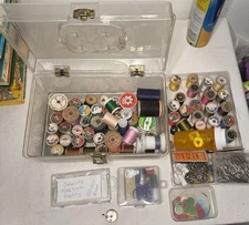 RETRO SEWING BOX WITH NOTIONS Previously Owned Vintage Sewing Box with Thread
