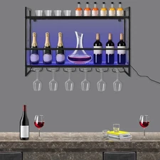 2-Tier Bar Cabinet Wine Liquor Storage Display Rack W/ LED Light &6 Glass Holder