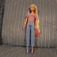 Barbie Doll with Long Rainbow Hair in Jeans and a Red Check Top