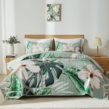 Queen Quilt Bedding Set,White Botanical Pattern Sage Green Full/Queen Quilt S...