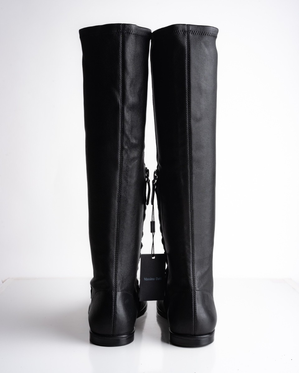 Massimo Dutti Women Knee High Leather Loafer Boots Black US 9 EU