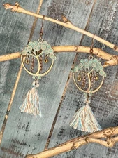 Boho Chic Bronze Tone With Turquoise Tree Of Life Tassel Earrings