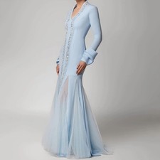 A-line V-neck Long Sleeved Ball Gown with Sequins Beaded Pleated Evening Dress