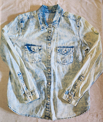 GAP 1969 Women's Blue Denim Collared Long Sleeve Button-Up Acid Wash  Shirt  PM