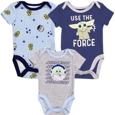 STAR WARS Baby Boys 3-Pack Baby Yoda Bodysuit Grey/Navy/Blue , 0-3M,3-6M,6-9M