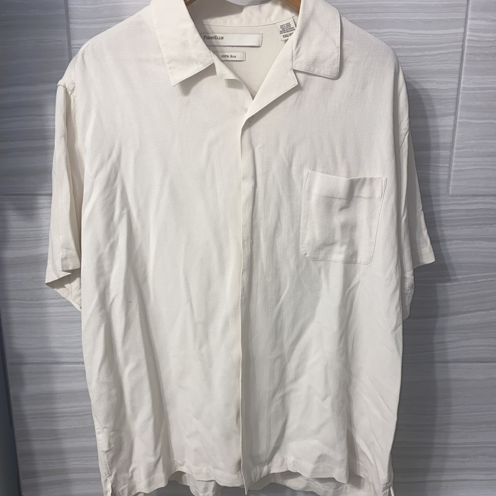 Perry Ellis 100% Silk Cream Button Down Shirt Size XXL Short Sleeve