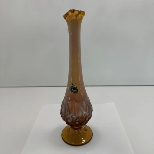 Fenton Cameo Opalescent Amber Glass Lily of the Valley Bud Vase Swung Glass