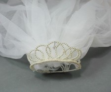Vintage Pearl Tiara Veil 80s Beaded Bun Crown Circlet Shoulder Length Tulle