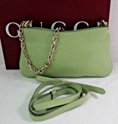 NWT GUCCI GG Embossed Leather Crossbody Shoulder Bag Sage Leaf 2 Way Strp 815278