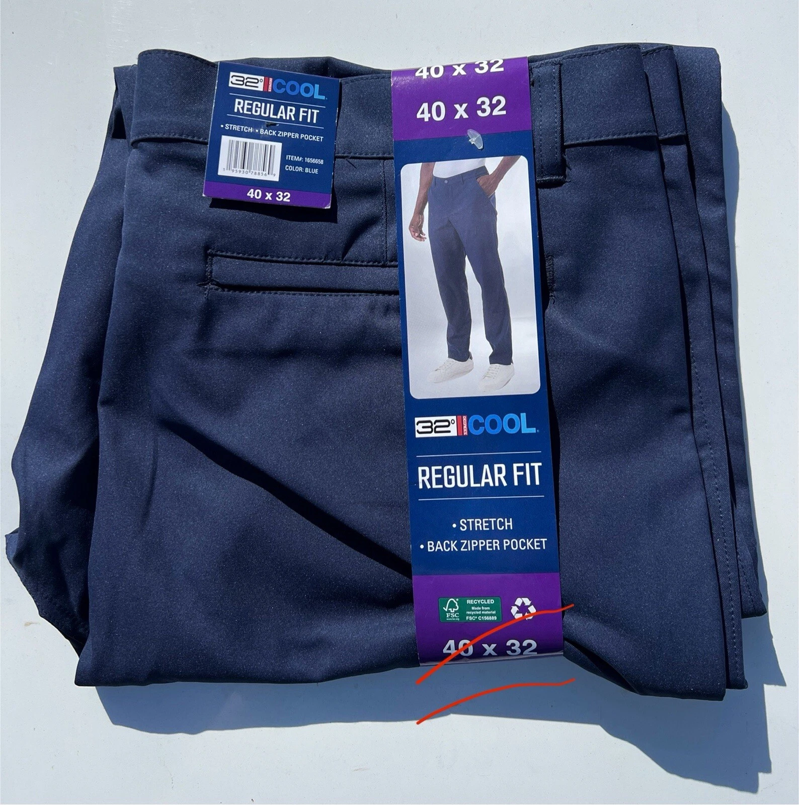32 Degrees Cool Regular Fit Mens Pants, Stretch, Back Zipper Pocket, Blue 40x32