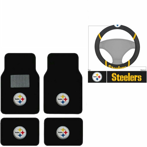 New 5pc NFL Pittsburgh Steelers Car Truck Floor Mats & Steering Wheel
