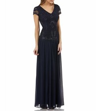 JS COLLECTIONS Navy Blue Soutache Applique Ribbon Beaded Chiffon Maxi Gown 6 S