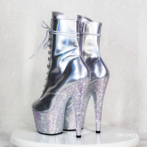 Bejeweled Silber Strass Plateau Schnürstiefeletten 7" High Heels  - Bild 10 von 11