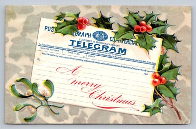 Postcard A Merry Christmas Telegraph Cable Telegram Holly Unposted  E131