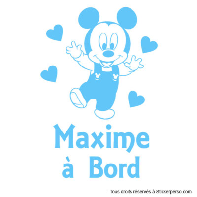 Autocollant Voiture "Bébé à Bord" Avec Mickey - Personnalisable Avec Le Prénom De L'Enfant