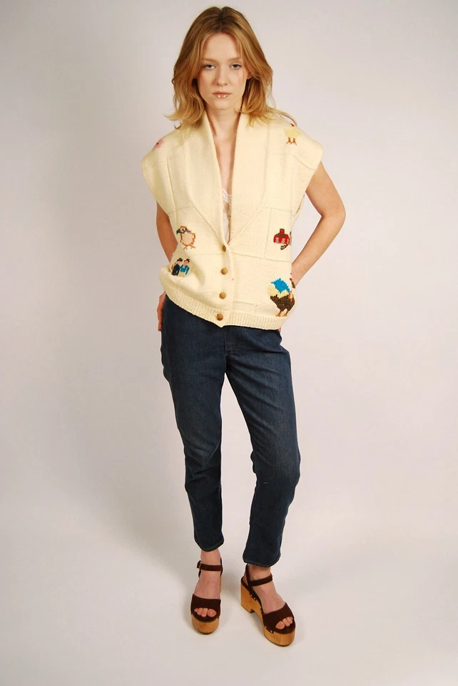 Chaleco Suéter Granja Años 80 (M) Crema Vintage Berek Mujeres Medio Aldeano Arte para Usar Foto 2 de 4