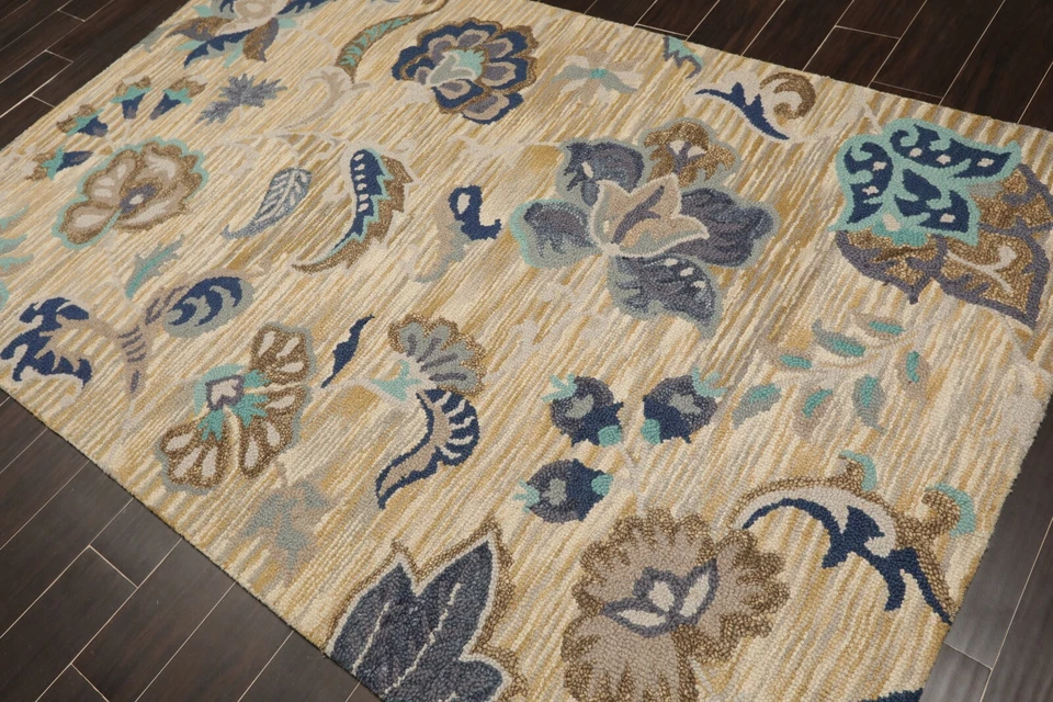 5' x 8' Handmade Wool Loop Pile Floral Traditional Oriental Area Rug 5x8 Beige - Image 3 of 4