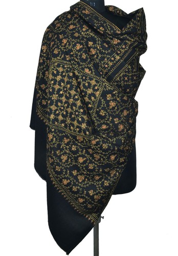 Large BLACK Hand Embroidery Sozni Shawl Unique Pashmina Scarf 100% Cashmere Wrap - Picture 11 of 11