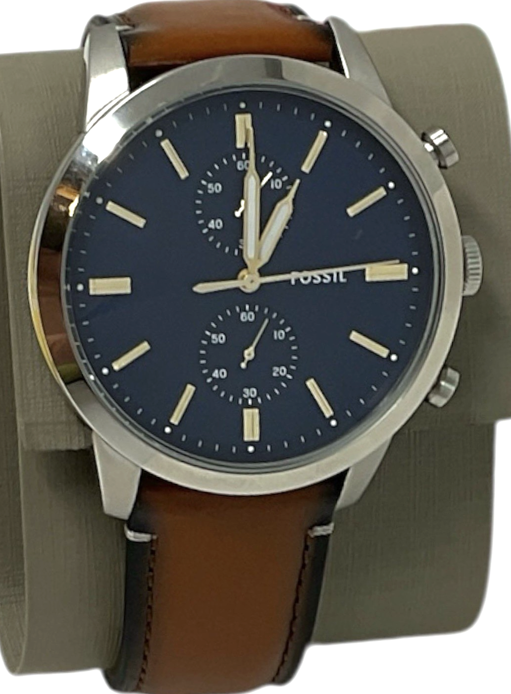 Fossil Mens Townsman 44mm Chronograph Leather Watch Brown Navy FS5279