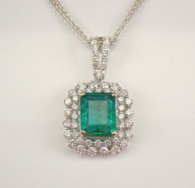 14K White Gold Plated 3Ct Emerald Cut Emerald and Diamond Halo Pendant Necklace
